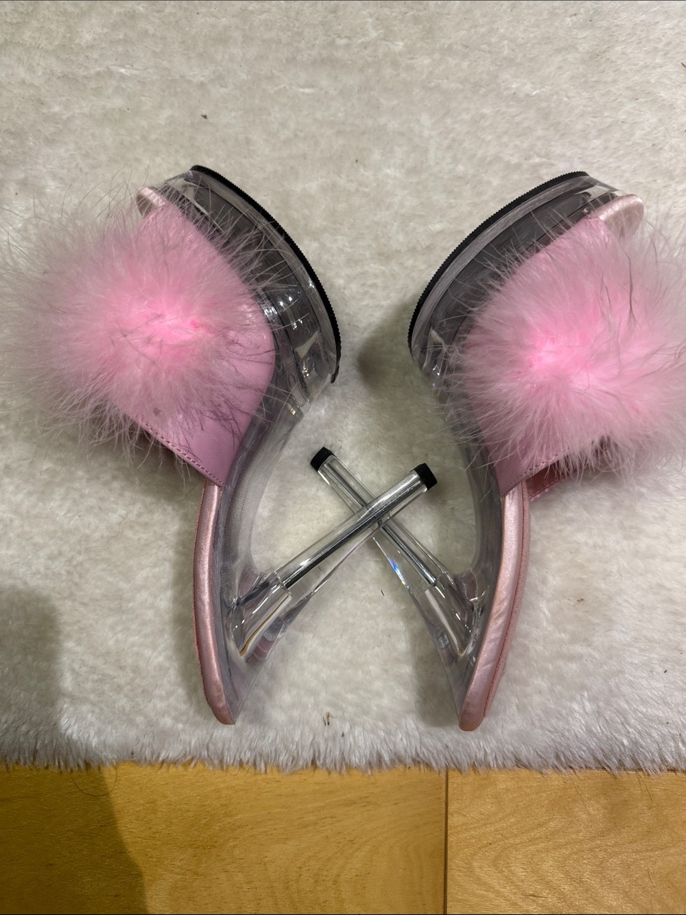 Pink Faux Fur Clear Platform Heels